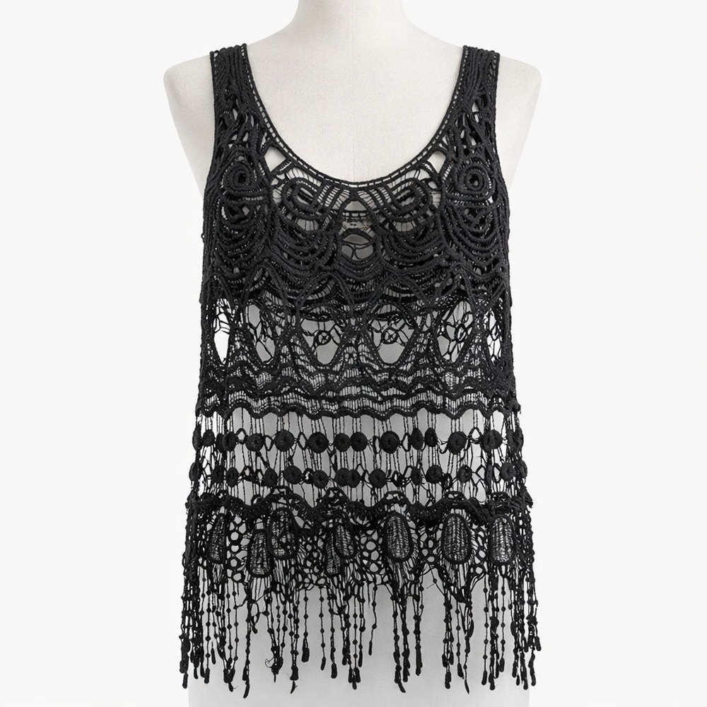 Vintage Whimsigoth Open Knit Crochet Fringe Tank Sz M Black Tassel Boho Festival